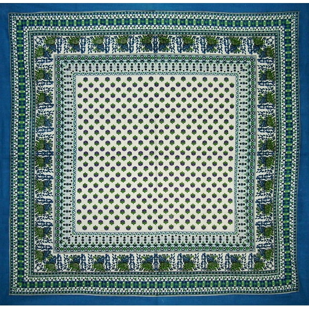 Rajasthan Block Print Square Cotton Tablecloth 60/" x 60/" Blue